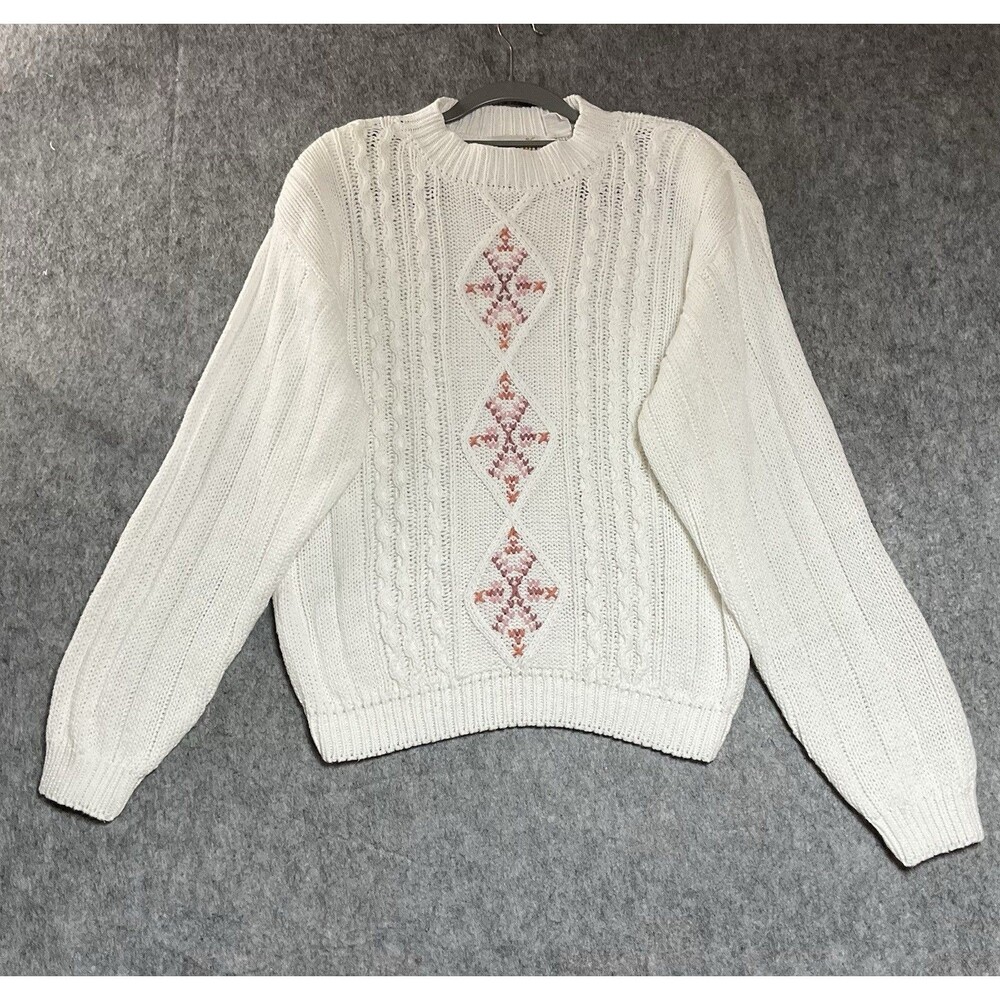Vintage Jantzen Sweater Womens Medium White Cable Knit Knit Pullover Cottage 90s